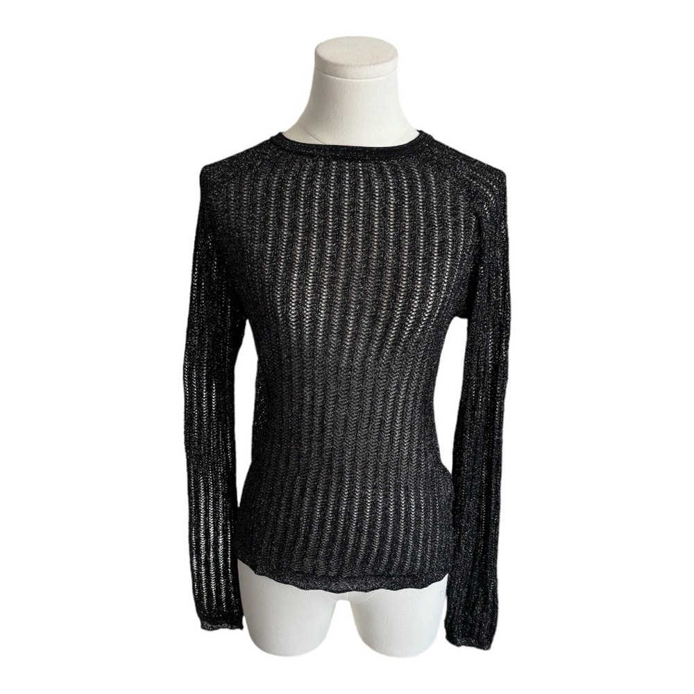 ZARA Fitted Sweater Black Metallic Sparkle size L Crochet See Through‎ Party